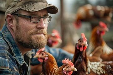 An aged man with glasses and a hat shares a moment with his hens in a rustic setting.