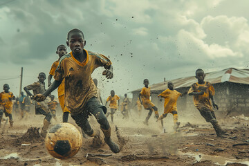 Vibrant scene of barefoot children playing soccer with pure joy, kicking up mud in a tropical village setting. - obrazy, fototapety, plakaty