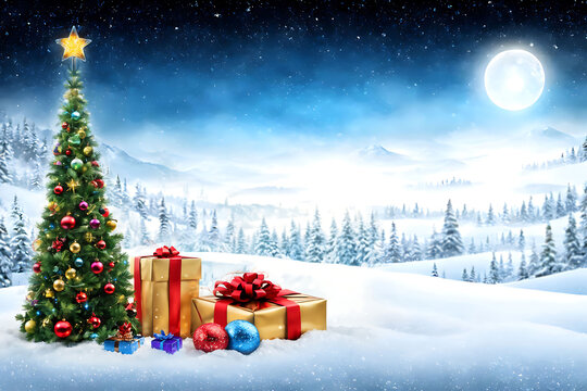 decorated christmas tree and gifts with white snow mountains landscape free space