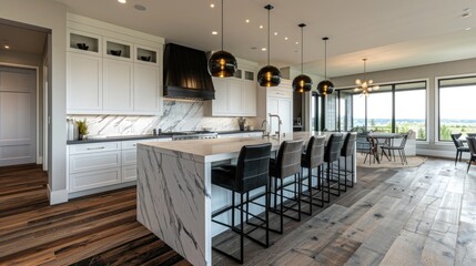 Luxury home interior boasts Beautiful black and white kitchen with custom white shaker cabinets,...