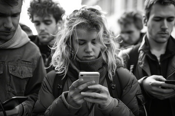 Fototapeta premium photo capturing everyday city life as commuters intently use their smartphones while waiting at a subway station.