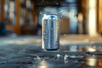 A silver aluminum soda can floats in mid-aiA refreshing drink can, covered in condensation droplets, is suspended mid-air r with water droplets, presented in a black and white industrial setting.
