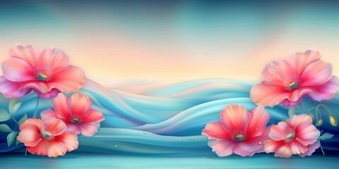 Serene Pastel Floral Landscape with Flowing Water Elements, Symbolizing Tranquility and Flow of Life