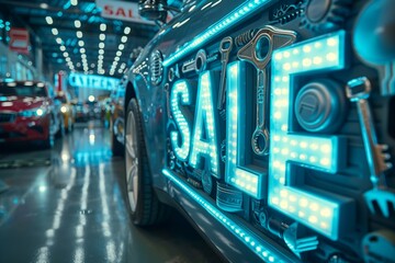 Obraz premium Illuminated Sale Sign Attracting Customers at a Car Dealership