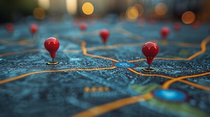Close-up of a road map with red navigation icons.