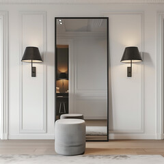 A black frame full-length mirror with a thin and sleek design, in an elegant white modern bedroom with wall sconces, a small grey stool next to the mirror.