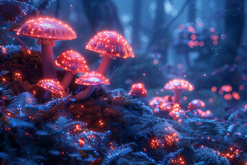 Several mushrooms clustered together, thriving in the lush green grass digital forest dreams wallpaper