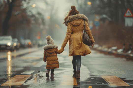 A vibrant image of a mother and daughter holding hands, walking down a picturesque road