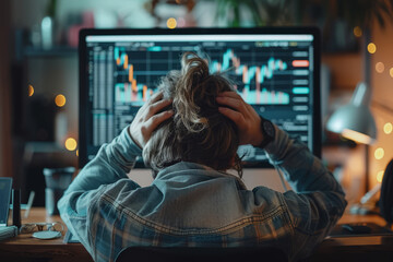  moment of stress for a trader facing a financial downturn on his computer screen.