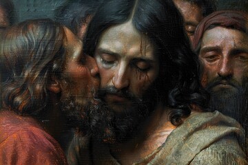 Kiss of Judas: pivotal moment of betrayal in the life of jesus christ, profound religious symbolism depicted in the bible, exploring themes of loyalty, deception, and redemption in christian theology - obrazy, fototapety, plakaty