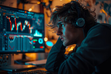 Fototapeta premium moment of stress for a trader facing a financial downturn on his computer screen.