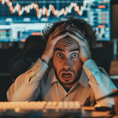  moment of stress for a trader facing a financial downturn on his computer screen.
