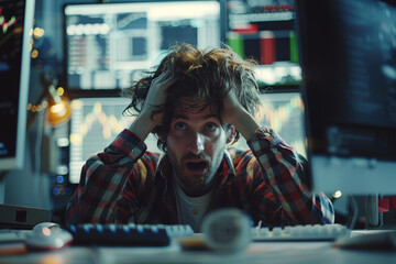  moment of stress for a trader facing a financial downturn on his computer screen.