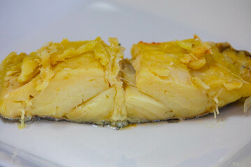 Atlantic cod fish Gadus morhua isolated on light background and selective focus