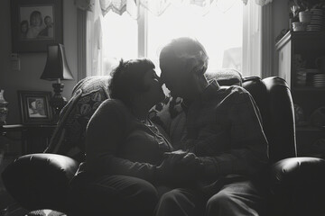 Naklejka premium A tender moment between an elderly couple sitting close, captured in a timeless black and white photograph..