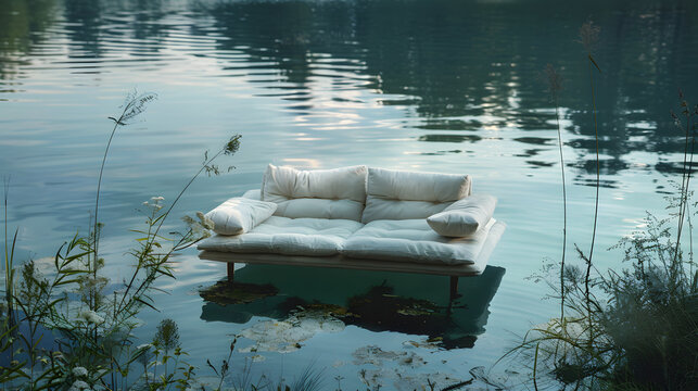 A white couch is adrift on the lake surrounded by lush greenery © Nadtochiy