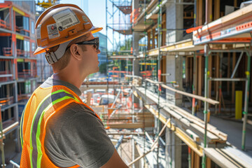 A construction worker in a hard hat stands contemplating the progress on a busy construction site..
