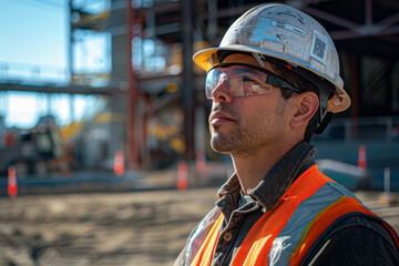 A construction worker in a hard hat stands contemplating the progress on a busy construction site..