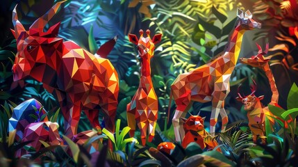 Artistic low poly illustration showcases geometric creatures in imaginative environment