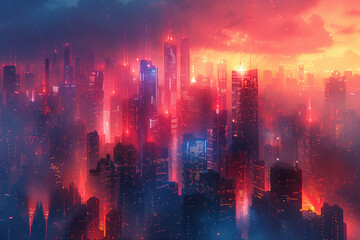 Nighttime cityscape featuring futuristic architecture and vibrant red and blue lights holographic cityscape wallpaper 