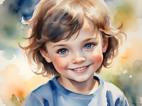 Portrait of a smiling boy with watercolor eyes.