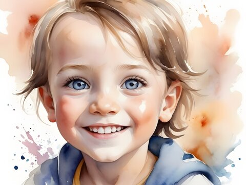 Portrait of a smiling boy with watercolor eyes.