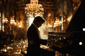 A solitary pianist immersed in a captivating play, surrounded by ethereal light beams and smoke on a dimly lit stage.