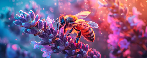 Neon lights glowing on beautiful bee on lavender flower in a close up shot in style of fantasy world with fantasy nature background with purple and blue color theme. - Powered by Adobe