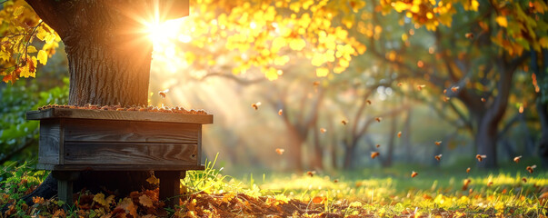 Beautiful autumn background with beehive in forest and sun rays through leaves. Warm golden sunlight on wooden bee hive box standing under tree.