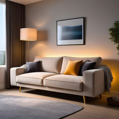 Plush sofa, ambient glow, strategically placed adjustable lighting designed.
Generative AI.
