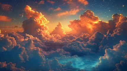 Fototapeta na wymiar Fantasy sky filled with fluffy, glowing clouds under stars