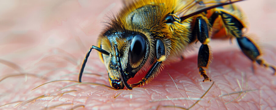 Closeup of bee stings on human skin showing detailed view and potential pain associated with being snuck in style of insect in nature.