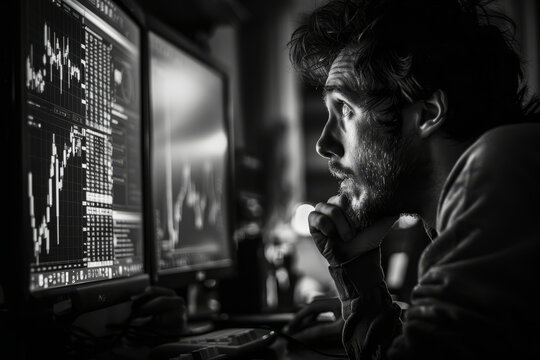 photo capturing a moment of stress for a trader facing a financial downturn on his computer screen.
