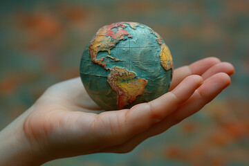A persons hand delicately holding a small globe