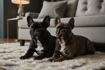 Zwei neugierige Französische Bulldoggen auf einem flauschigen Teppich im stilvollen Wohnzimmer - obrazy, fototapety, plakaty