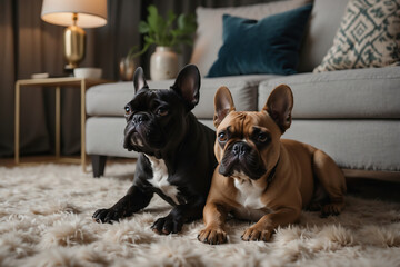 Zwei Französische Bulldoggen entspannen auf weichem Teppich im modernen Wohnzimmer - obrazy, fototapety, plakaty