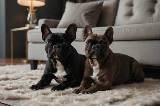 Zwei neugierige Franz&ouml;sische Bulldoggen auf einem flauschigen Teppich im stilvollen Wohnzimmer