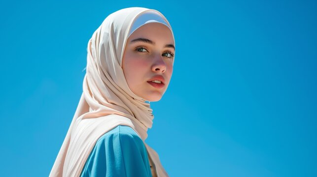 A woman is standing outdoors, wearing a headscarf, under a vibrant blue sky.