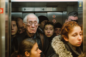 A tightly packed group of individuals captured in a high-contrast black and white photograph inside a crowded elevator. - obrazy, fototapety, plakaty