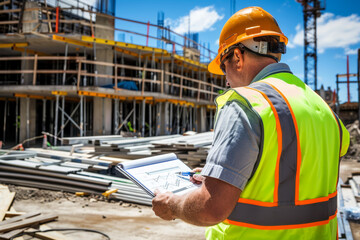 A construction worker in a hard hat stands contemplating the progress on a busy construction site..