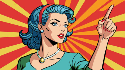 pop art woman pointing finger up  