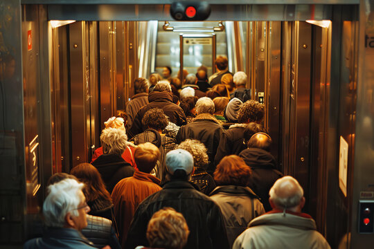A tightly packed group of individuals captured in a high-contrast black and white photograph inside a crowded elevator.