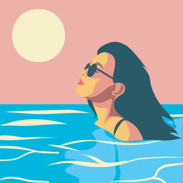 Vector illustration summer at sunset a girl swims in the sea ocean. Portrait illustration. Vector graphics, flat style. The girl is on vacation. Girl in the pool
