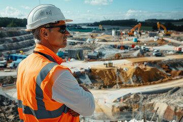 A construction worker in a hard hat stands contemplating the progress on a busy construction site..