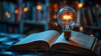 Knowledge: An open book with a glowing light bulb hovering above it