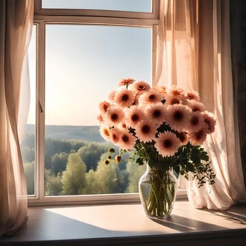Beautiful bouquet of flowers in a vase on the window, sunny day