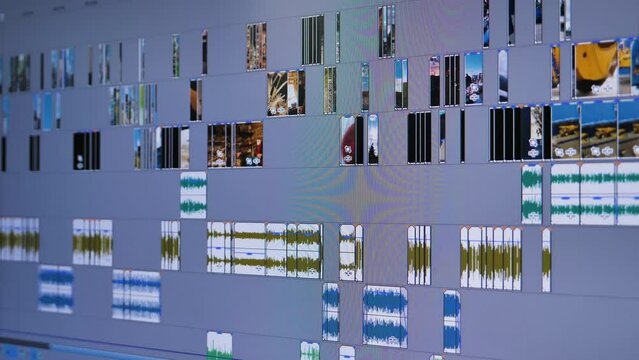 A sophisticated video editing timeline with multiple audio and video tracks. It includes clips, markers, keyframes and audio waveforms. Creativity, precision and attention in video production
