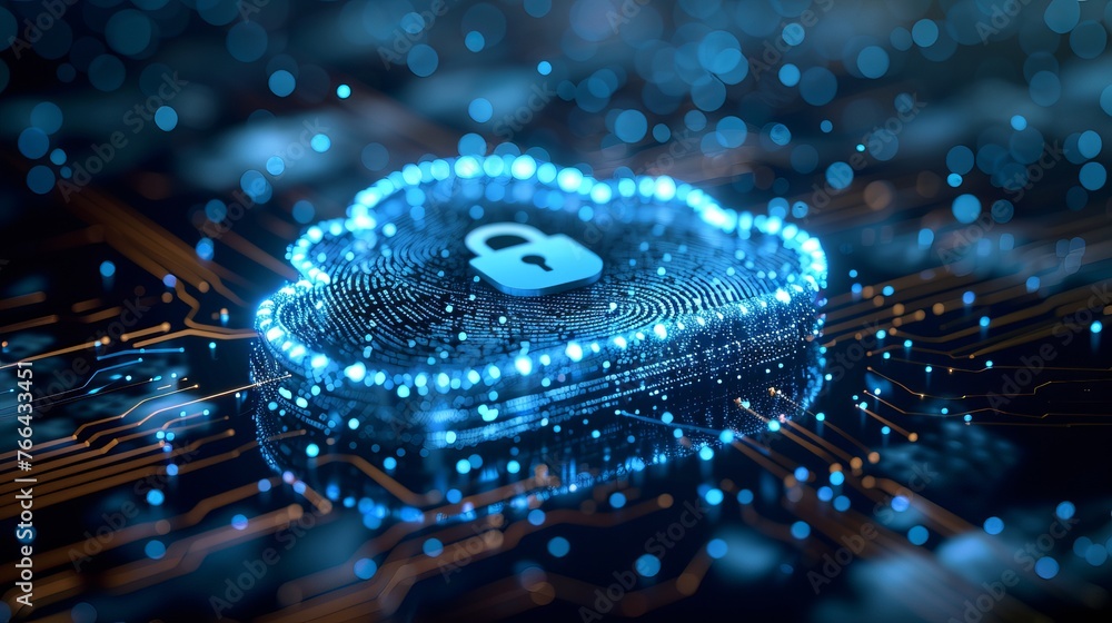 Poster conceptual illustration of cloud identity security, presenting a cloud icon secured with a fingerpri