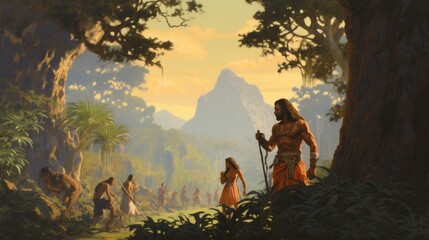 A man with a spear is walking through a jungle with a group of people. The scene is set in a lush, green environment with trees and plants all around. Scene is adventurous and exciting, as the man - obrazy, fototapety, plakaty