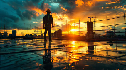 Fototapeta premium A construction worker in a hard hat stands contemplating the progress on a busy construction site..